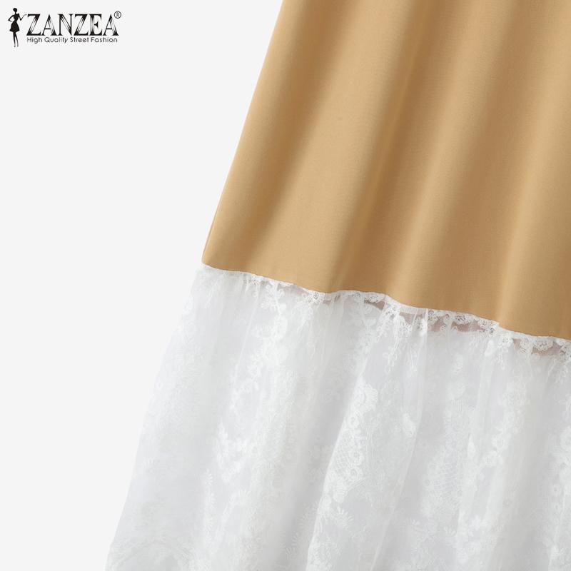 ZANZEA Women Casual Round Neck Short Sleeve Lace Splice Long Dress