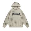 Heavyweight Hoodie Men's Washed Distressed Pullover Fleece Sweatshirt Streetwear Apocalyptic Style Oversized Embroidered Patch