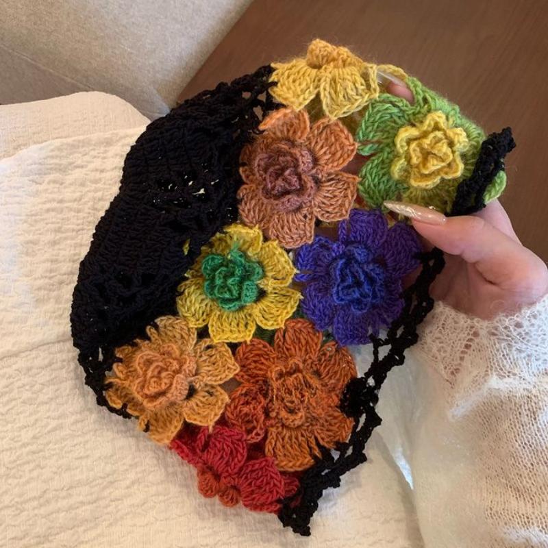 Women's Japanese-style Sweet Ethnic Style Hand-knitted Hat Spring Summer Thin Breathable Head Wrap Hat Colorful Floral Earflap Hat