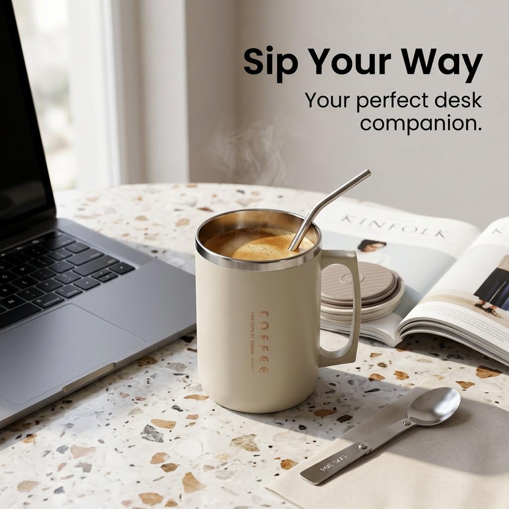 Thermal Coffee Mug Travel Tumbler 304 Stainless Steel Insulated Cup Leakproof with Handle Straw Lid Folding Spoon Portable