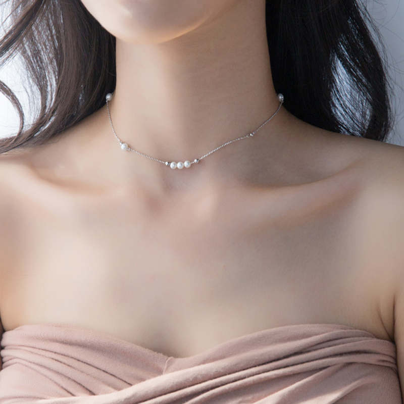 Real 925 Sterling Silver Pearl Bead Pendant Choker Necklace Fashion Women Minimalist Fine Jewelry Bohemia Accessories