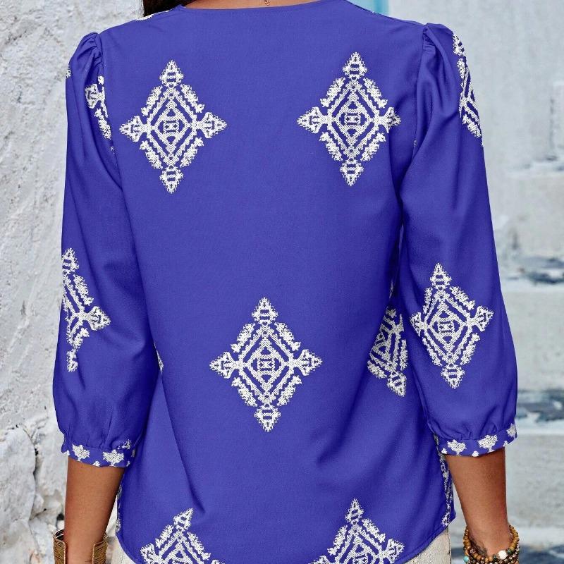Summer New Fashion Printed V-neck Loose Blouse Women Seven Quarter Sleeve Casual Women's Shirts Tops Vintage Simple Slim Fit Female Blouses 26426