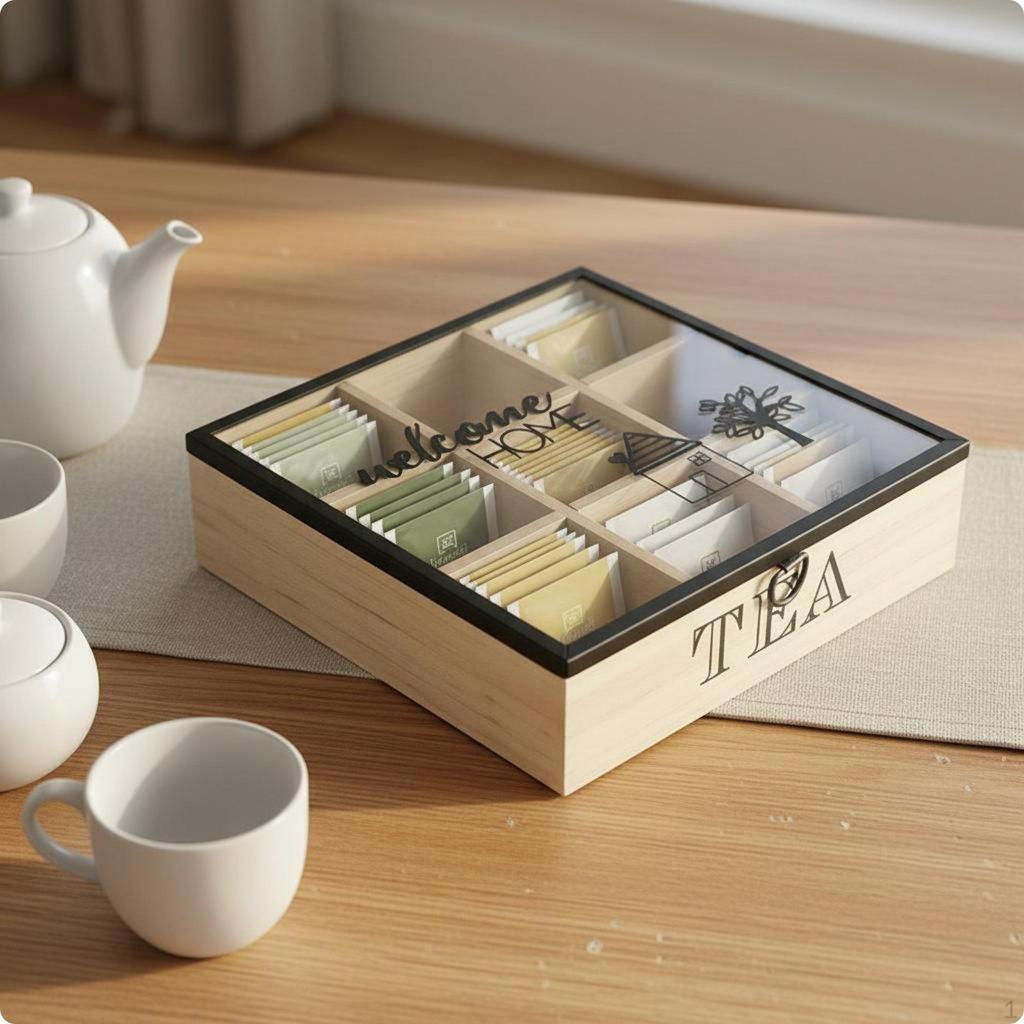 Wooden Tea Box Separate Compartments Packet Organizer Desktop Display Lidded for