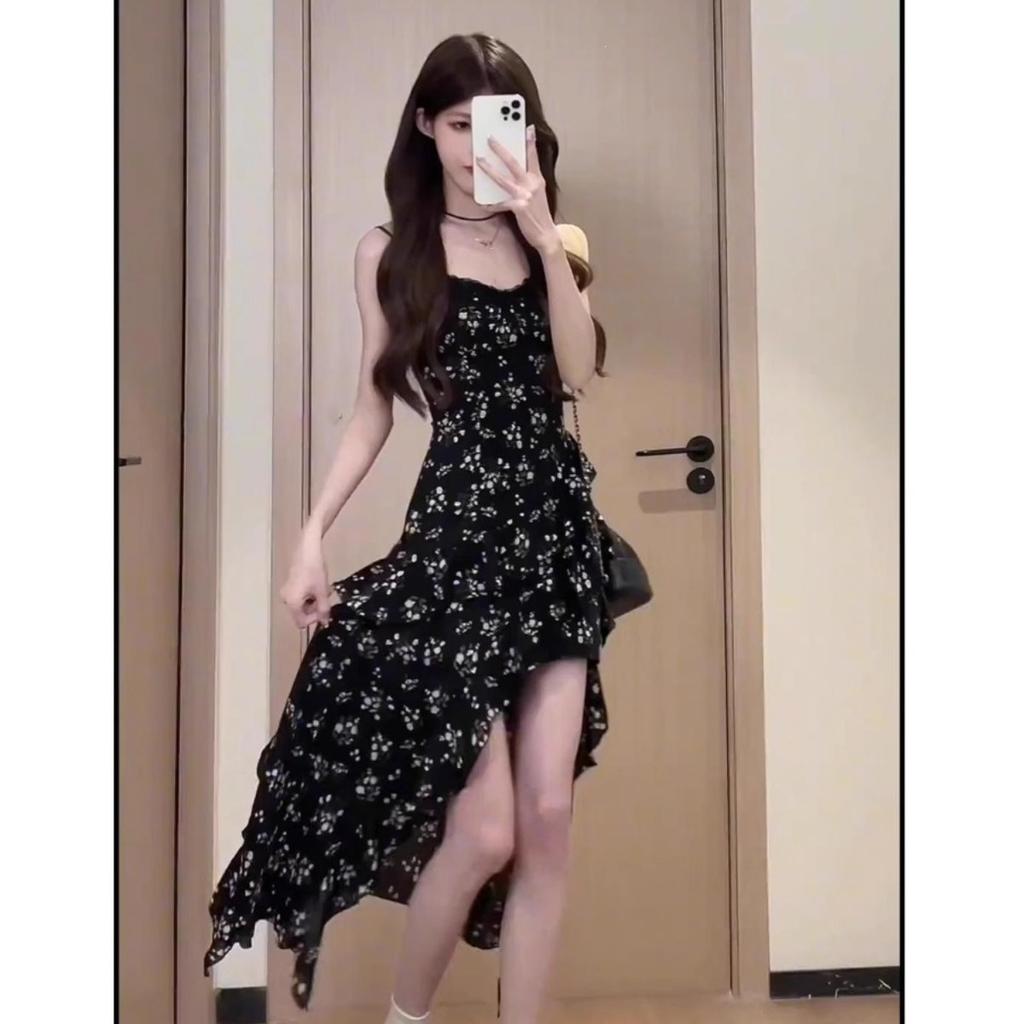 Black floral ruffle irregular dress women's summer French public design sense vacation style suspender dress