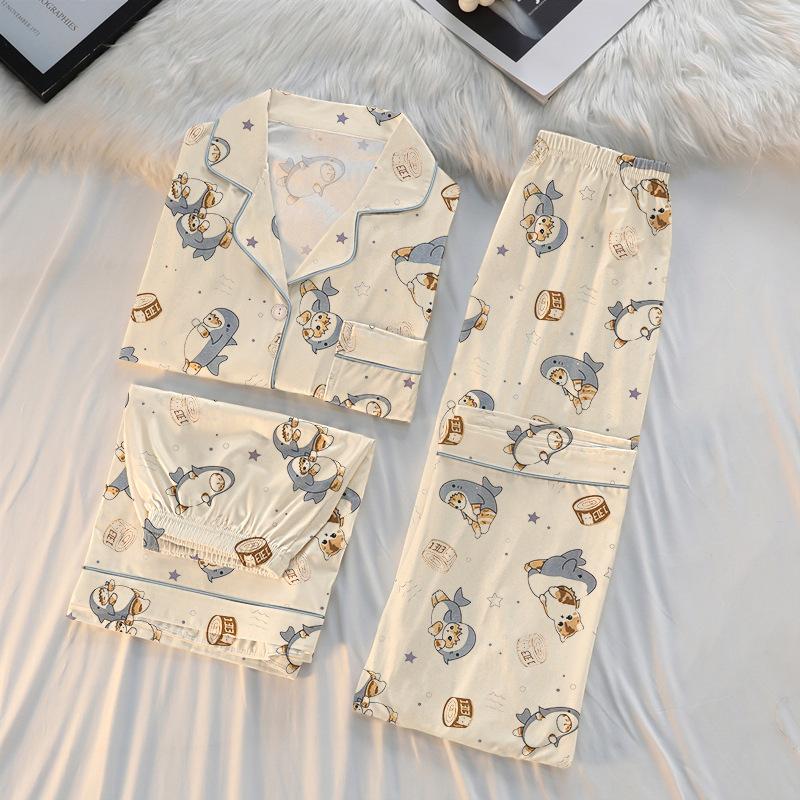 Spring And Summer Senior Pajamas Women'S Cardigan Cute Cartoon Short-Sleeved Three-Piece Loungewear Set Can Be Worn Outside