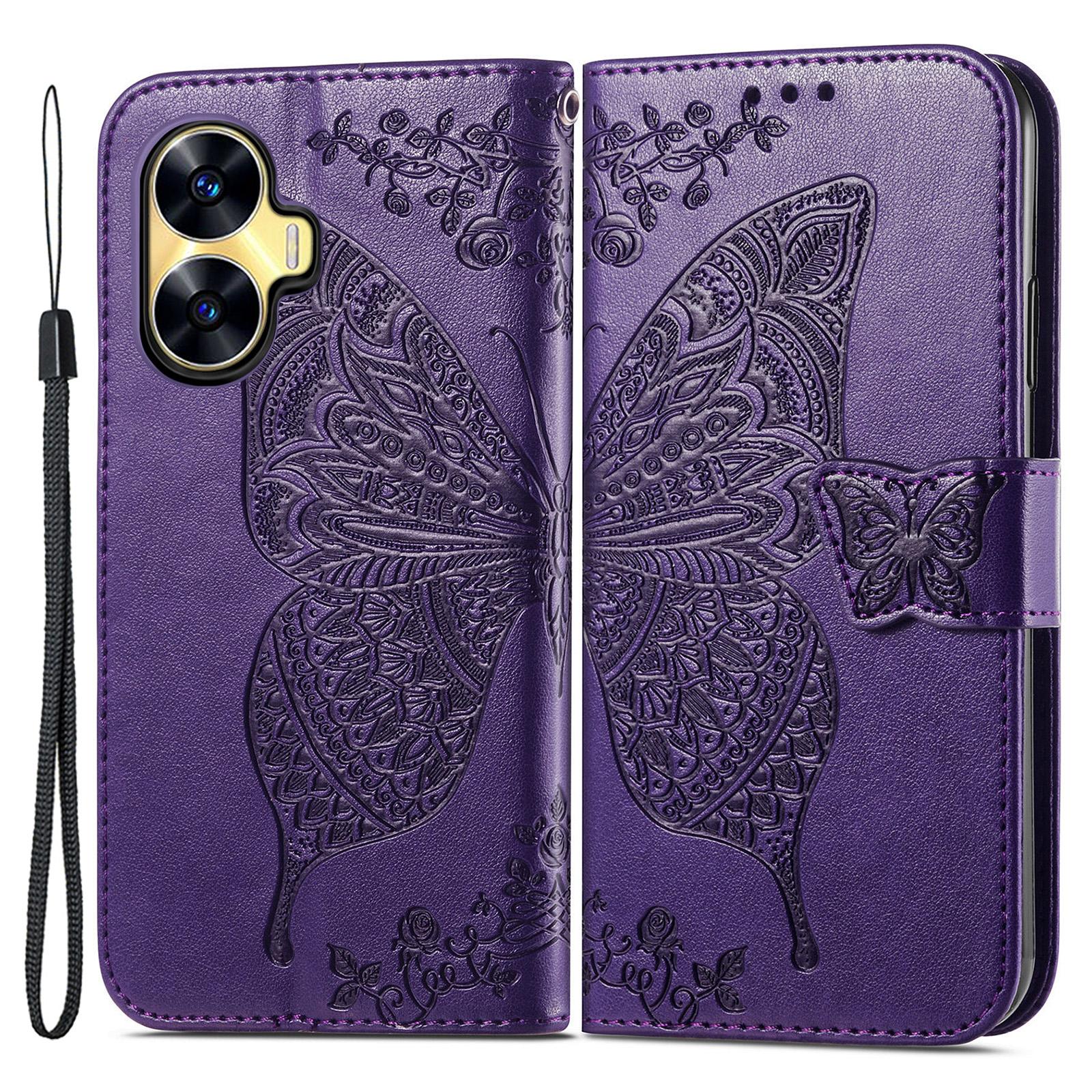 

Для Realme C55 4G Кожаный чехол-кошелек с тиснением Бабочка и подставкой для телефона Purple