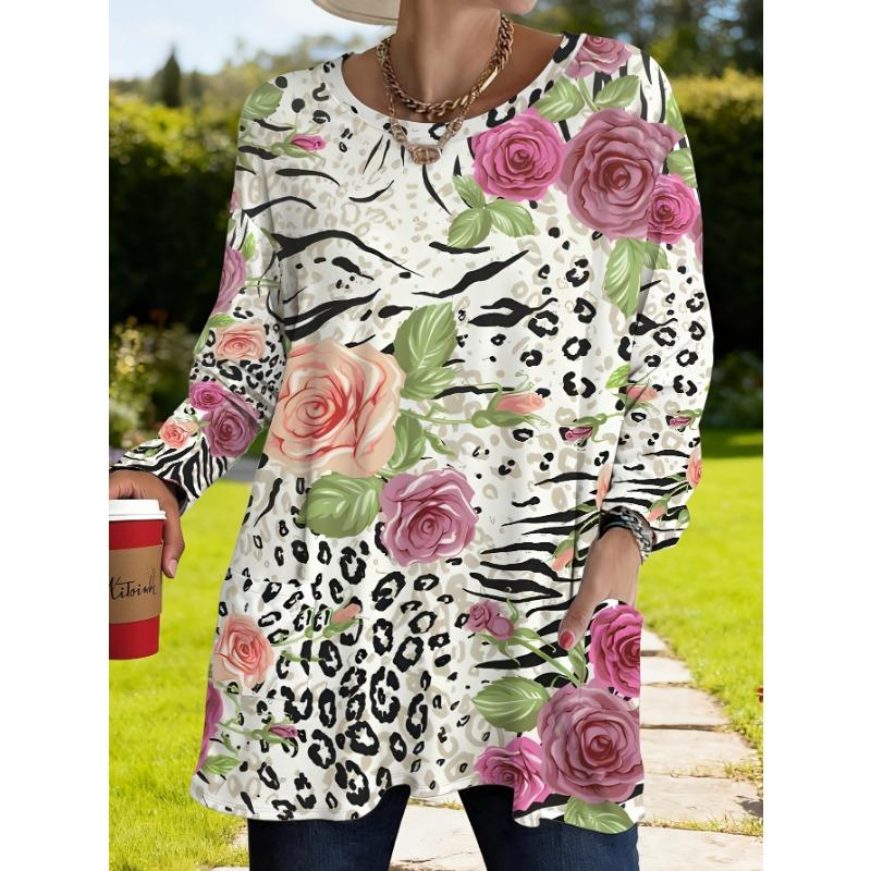 Women's Large Size Leopard Rose Long Sleeve Loose Top with Pocket Print