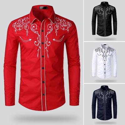 Men Western Cowboy Shirt Lapel Collar Single-breasted Long Sleeve Embroidery Slim Fit Casual Shirt Top