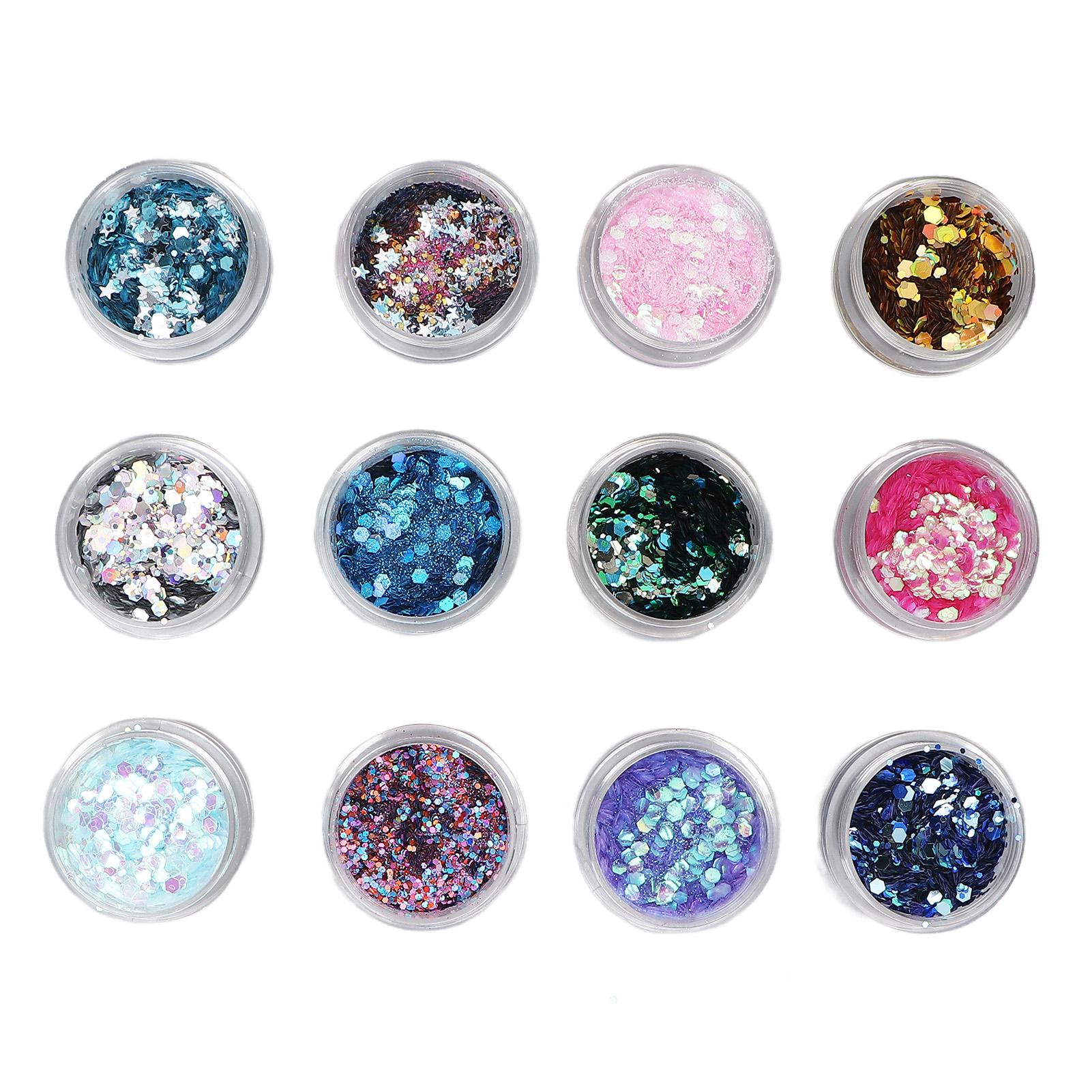 

12 коробочек набор блесток и пайеток для ногтей разных цветов и размеров, сверкающие, блестящие, для маникюра, украшения для лица и тела