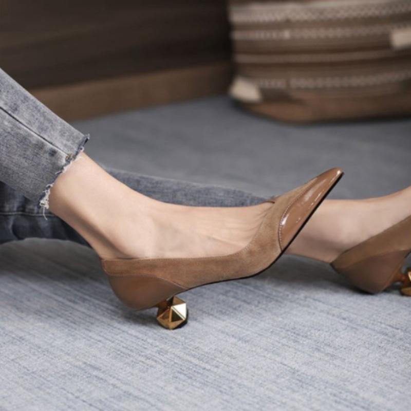 Women Shoes Mid Heel Special-shaped Heels Pointed Shallow Single Shoes Lady Leisure Comfortable Work Shoes 2024 Autumn New Style