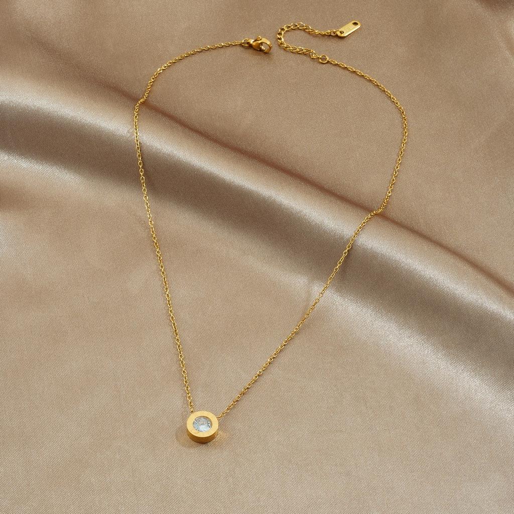 Gold Chain Necklace with Single Bezel-set Crystal Pendant for Women
