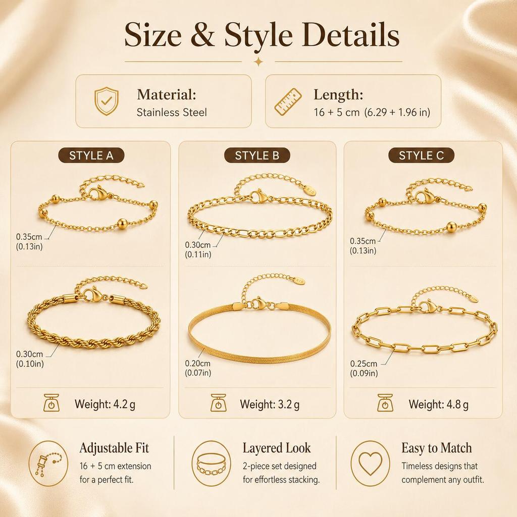 Minimalist Bracelet Women, Adjustable Layered Gold Plated Chain Bracelet Stainless Steel Tarnish Free Jewelry