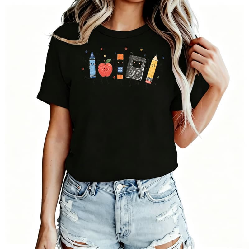 Cute Cartoon School Supplies Womens TShirt Cotton Funny Graphic Short Sleeve Tee Novelty Shirt Casual Crew Neck Top SXl
