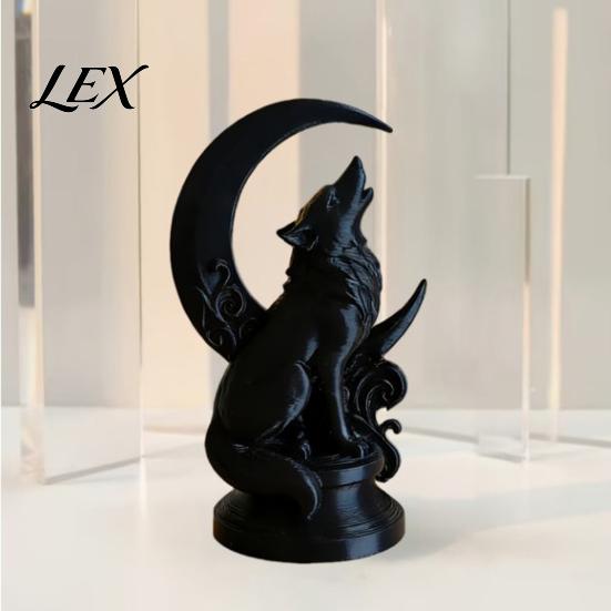 Figurina di Lupo Nero Opaco Scultura Ululante Stampata in 3D con Base a Luna Crescente, Finitura in PLA ad Alta Densità Arte da Collezione, Statua Gotica per Libreria
