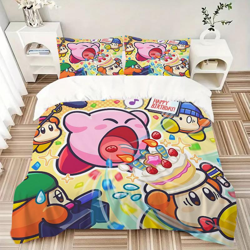 3-teiliges Bettwäsche-Set Kirby Party Enthält 1 Bettdecke + 2 Kissenbezüge, Ohne Kissenfüllungen, Weich Bequem, Leicht Atmungsaktiv, Bedruckt