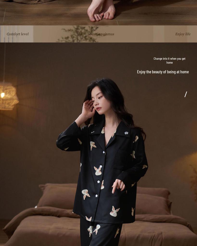 Women's Ice Silk Pajamas Set - Long Sleeve, Lightweight, Little Dog Print, High-End Feel for Spring and Autumn Home Wear.