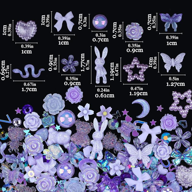 WTEMPO 200 Pieces 3D Mix Assorted Resin Nail Charms Hollow Pearl Heart Nail Art Charms Gems Gummy Bear Star Heart Flowers Acrylic Beads