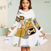 Girls High Neck Long Sleeve Printed Dark Navy Tie Waist A Line Flared Dress With White Fur Trim