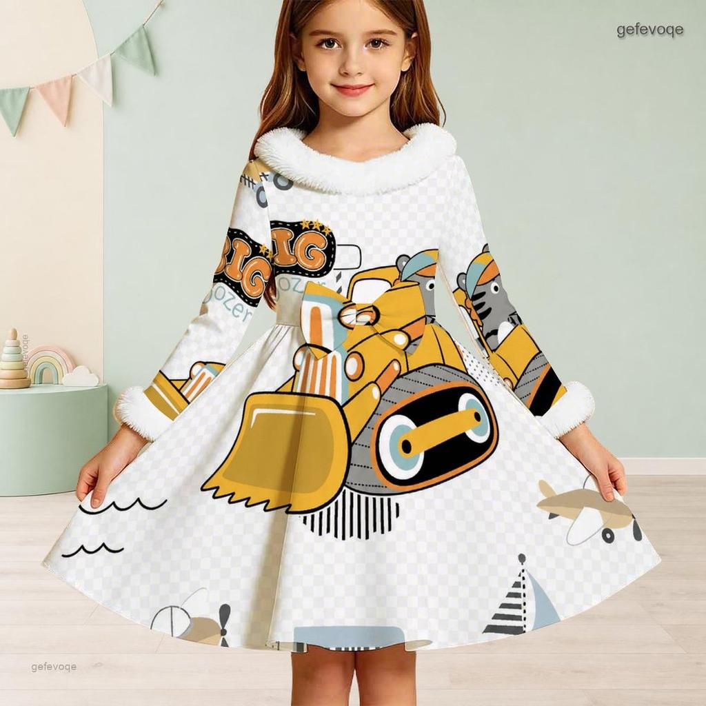 Girls High Neck Long Sleeve Printed Dark Navy Tie Waist A Line Flared Dress With White Fur Trim