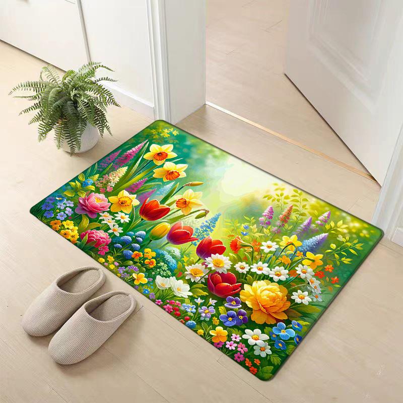 1Pcs Vibrant Floral Pattern Floor Mat Modern Kitchen Polyester Rug Non-Slip Colorful Indoor Carpet, For Home Bathroom Bedroom Living Room Decor