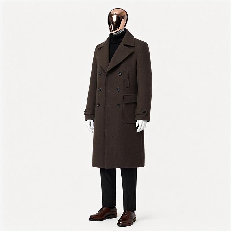 Herren Premium Wollmischung Zweireihiger Langer Peacoat