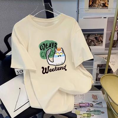 Cotton Short Sleeve T-shirt Women's Summer Loose Round Neck French Sweet Chilli Style Tops