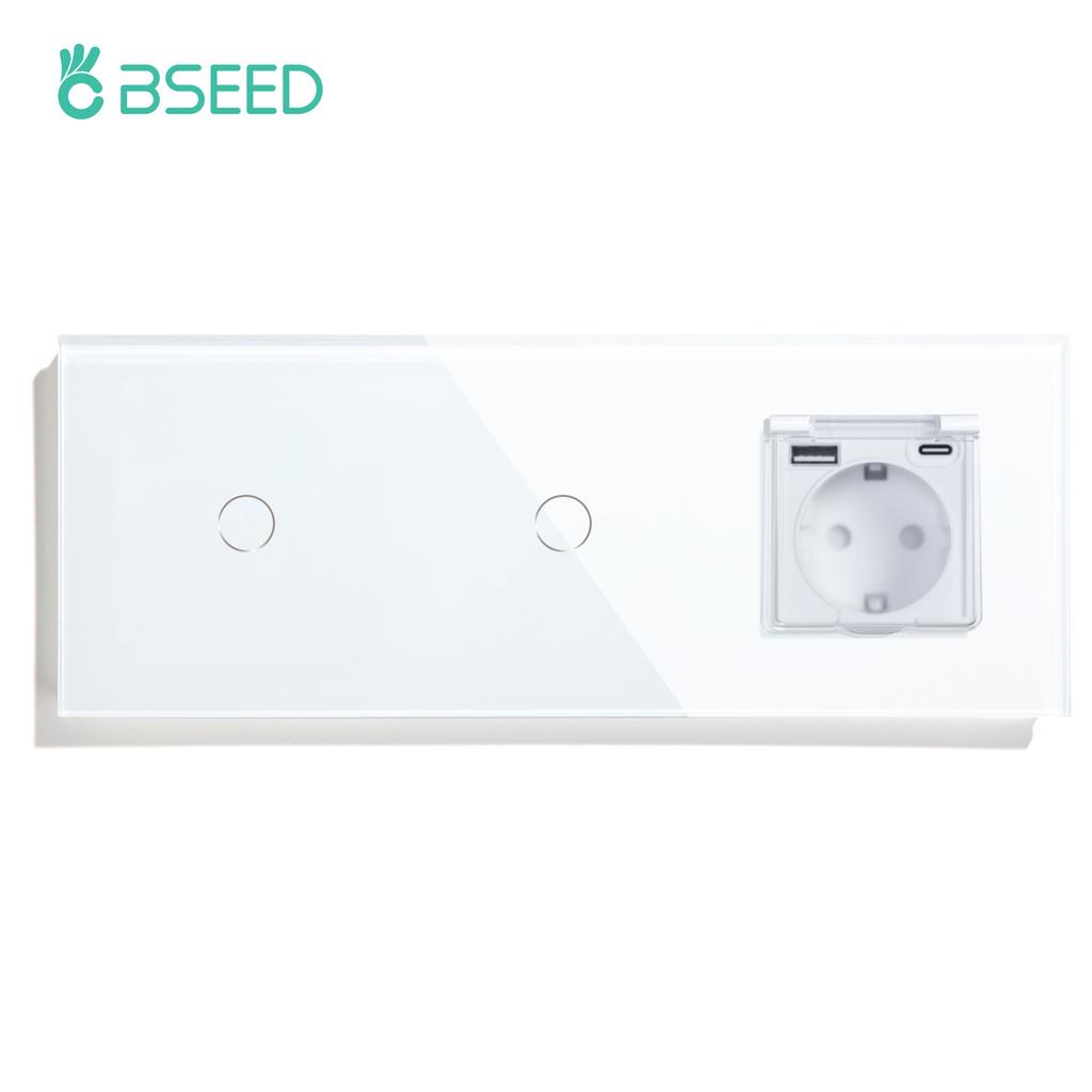 BSEED  1/2/3Gang Touch Light Switch 1Way EU Type-c USB Sockets With Waterproof Cover For Bathroom Outdoor Glass Panel White