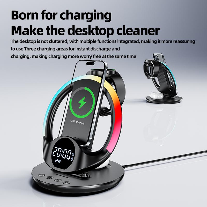 6-in-1 Wireless Charger with RGB Ambient Light & Alarm Clock Station for Iphone/Samsung Phone, iWatch/Galaxy Watch, AirPods/Buds