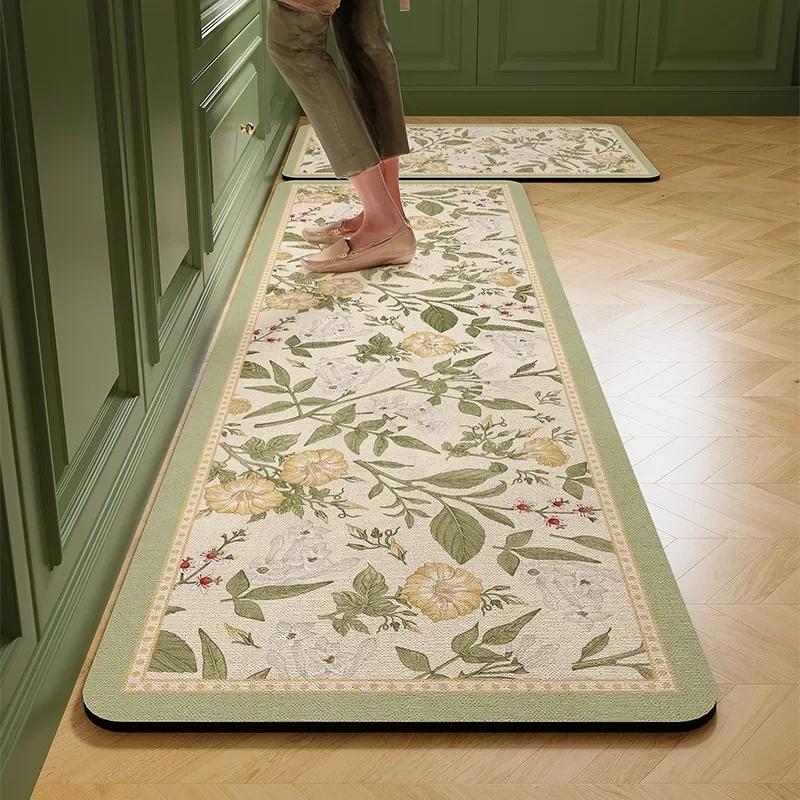 PVC Kitchen Carpet Waterproof Non-slip Oil-proof Leather Rug American Style Flower Pattern Floor Mat  Household Long Strip Mats