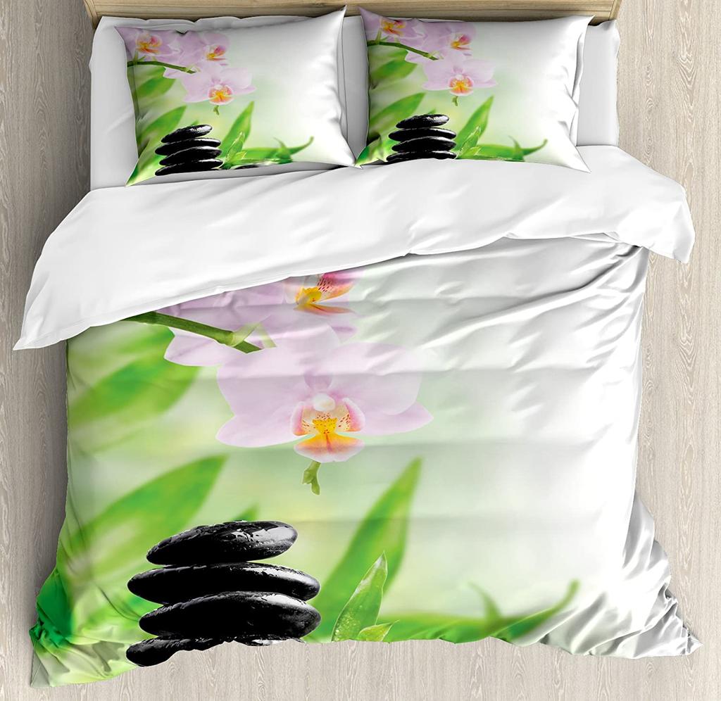 Orchid Stones Bamboo Zen Green 3pcs Bedding Set For Bedroom Double Bed Home Textile Duvet Cover Quilt Cover Pillowcase