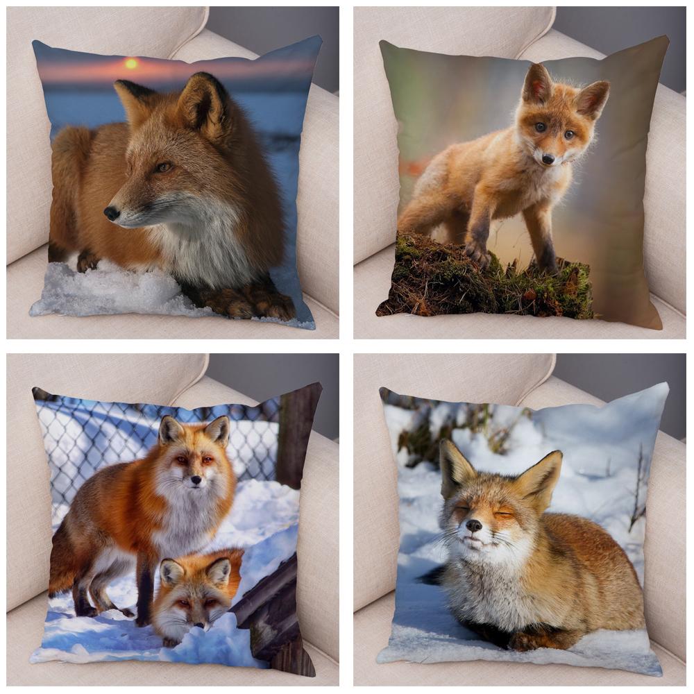 Cute Wild Fox Printed Pillow Case Decor Lovely Animal Pillowcase 45*45cm Soft Short Plush Cushion Covers for Sofa Home Car