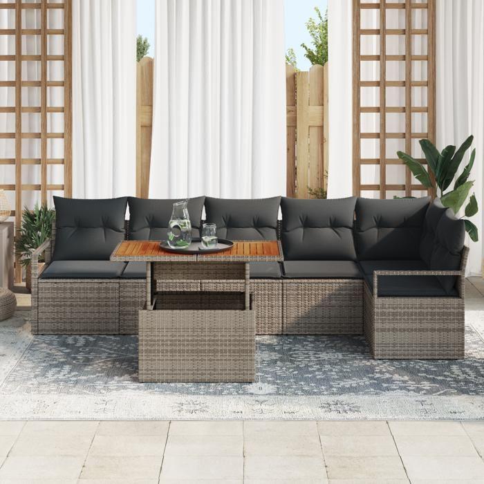Canapé de jardin 7 pièces avec coussins gris poly rattan, Canapé 2 places avec coussins gris poly rattan 3349719