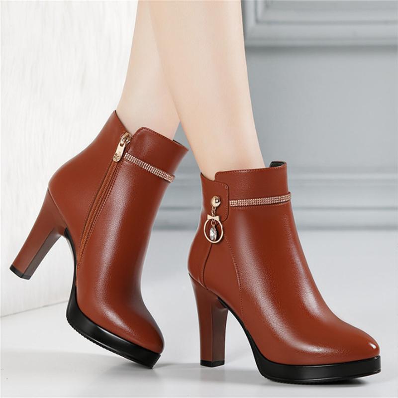 Botines de piel suave a la moda para mujer, tacones altos, zapatos con cremallera, botas de invierno cálidas de piel, plataforma, talla 34-41