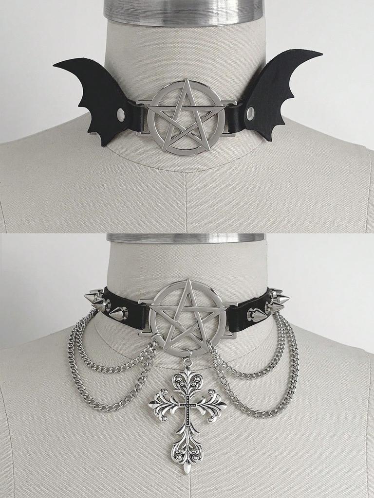 HERSHINE 2-piece Halloween theme collar cross pentagram wings accessories Y2K Gothic style Halloween cosplay accessories