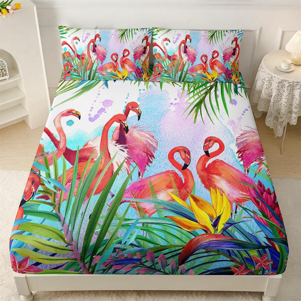 Single Fitted Sheet Flamingo Print Fitted Bed Sheets, Soft Microfiber Fitted Sheets, 30cm Deep Pocket,  Cute Cartoon Bedsheets
