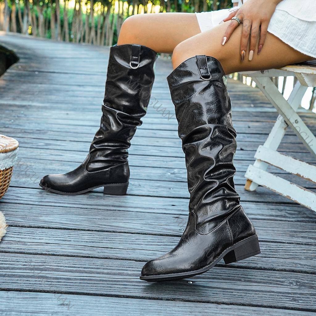 Fashion Autumn and Winter New Pleated Long Boots for Women Low Heel Pointed Head V-mouth Ladies Knight Botas Fashion Black Slip On Shoes