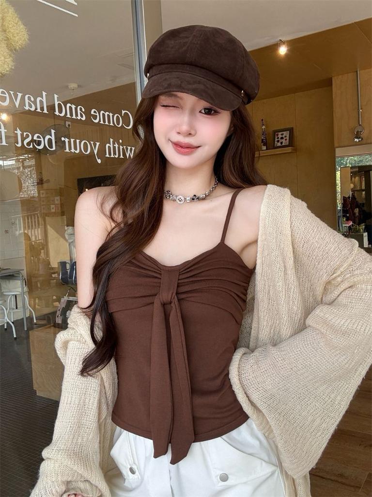 Sweet Spice Girl Bow Strap Pleated Suspender Vest Women's Spring and Summer Design V-Neck Slim Fit with Chest Pad Sleeveless Top