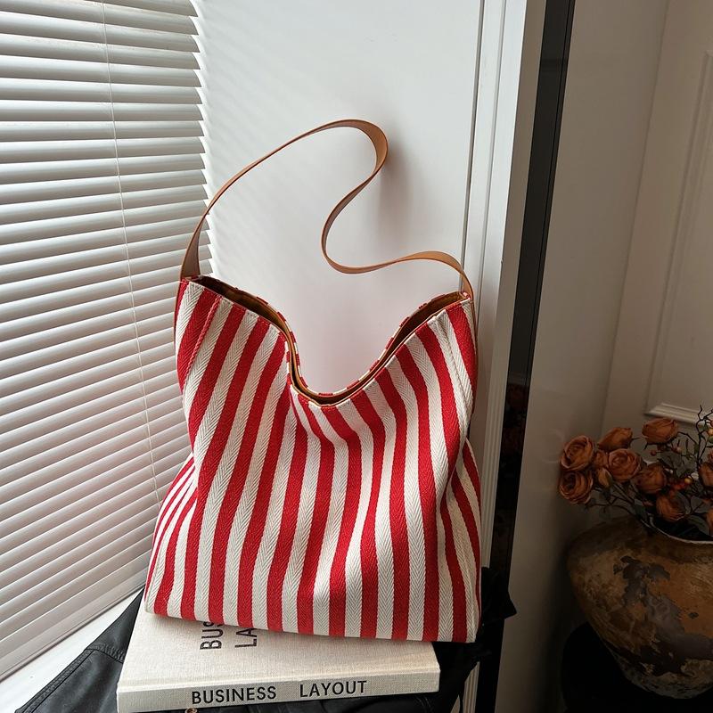 2025 new lazy wind canvas bag women's large-capacity bag Sen Meng summer striped shoulder tote bag tote bag