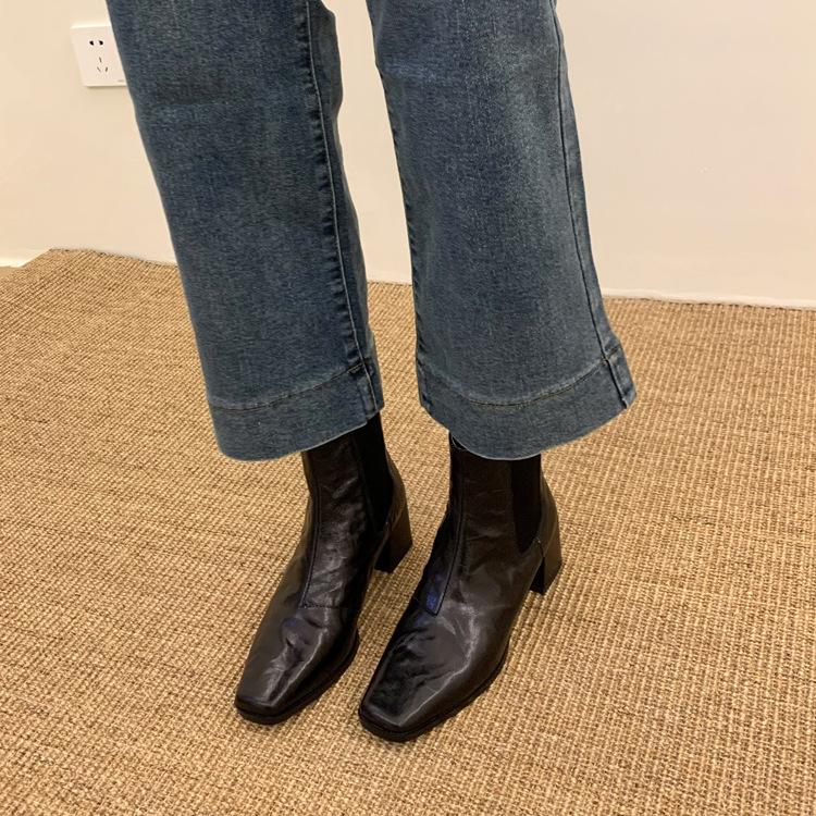 Huge Comfortable~! Simple Square Head Thick Heel Elastic Short Boots Martin Boots Versatile Chelsea Boots