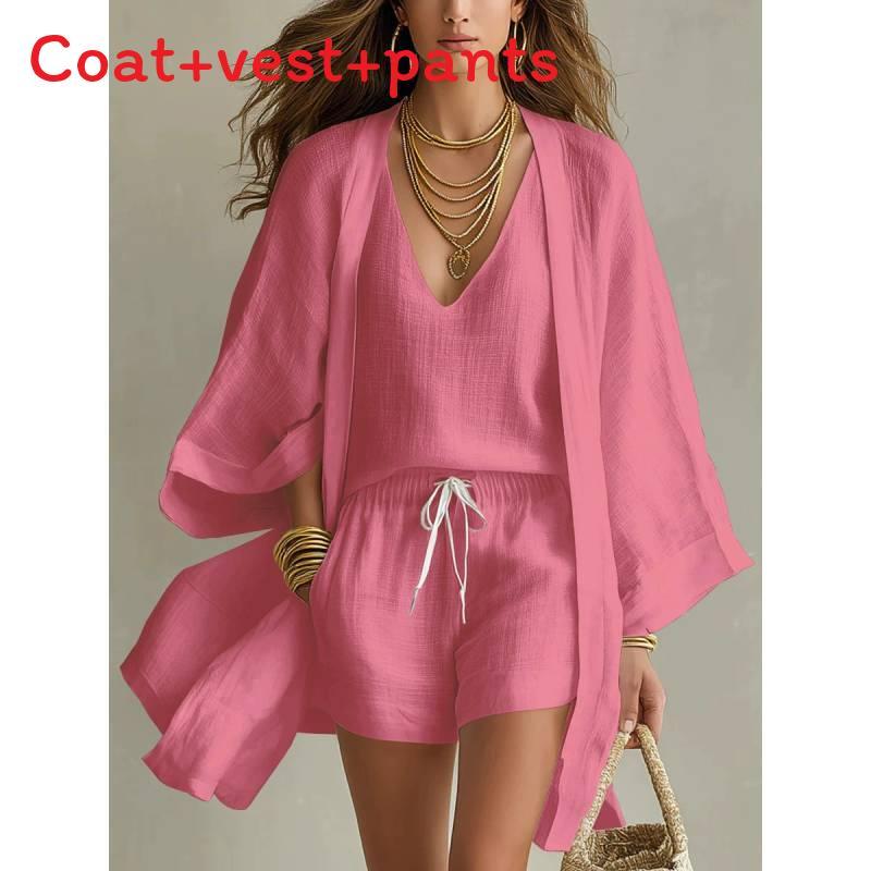 Summer Casual Set For Women With Sleeveless Cardigan And Shorts Made Of Cotton Linen For Relaxed Wear