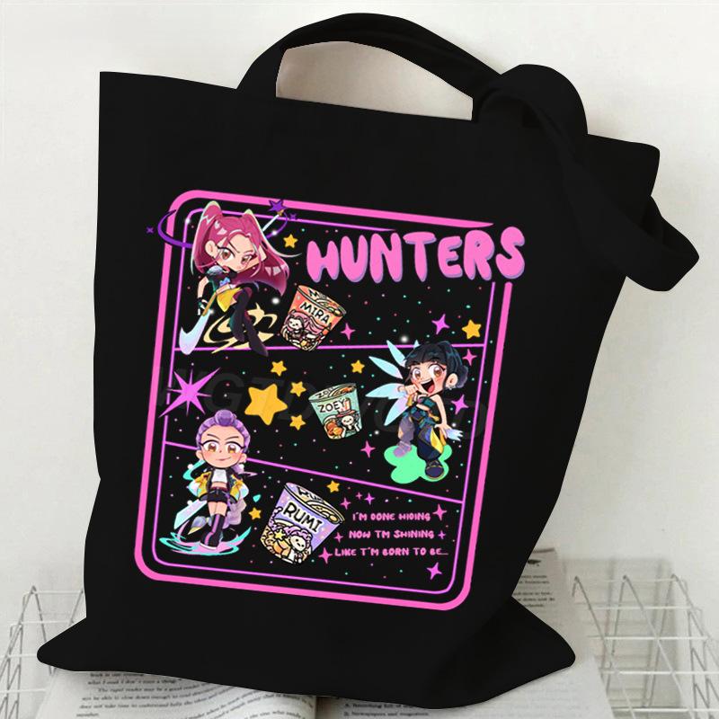 Demon Hunters Canvas Tote Bag Huntrix Girl KPop Shoulder Bag Saja Boys Zoey Rumi Mira Handbag For Daily Shopping School Commute