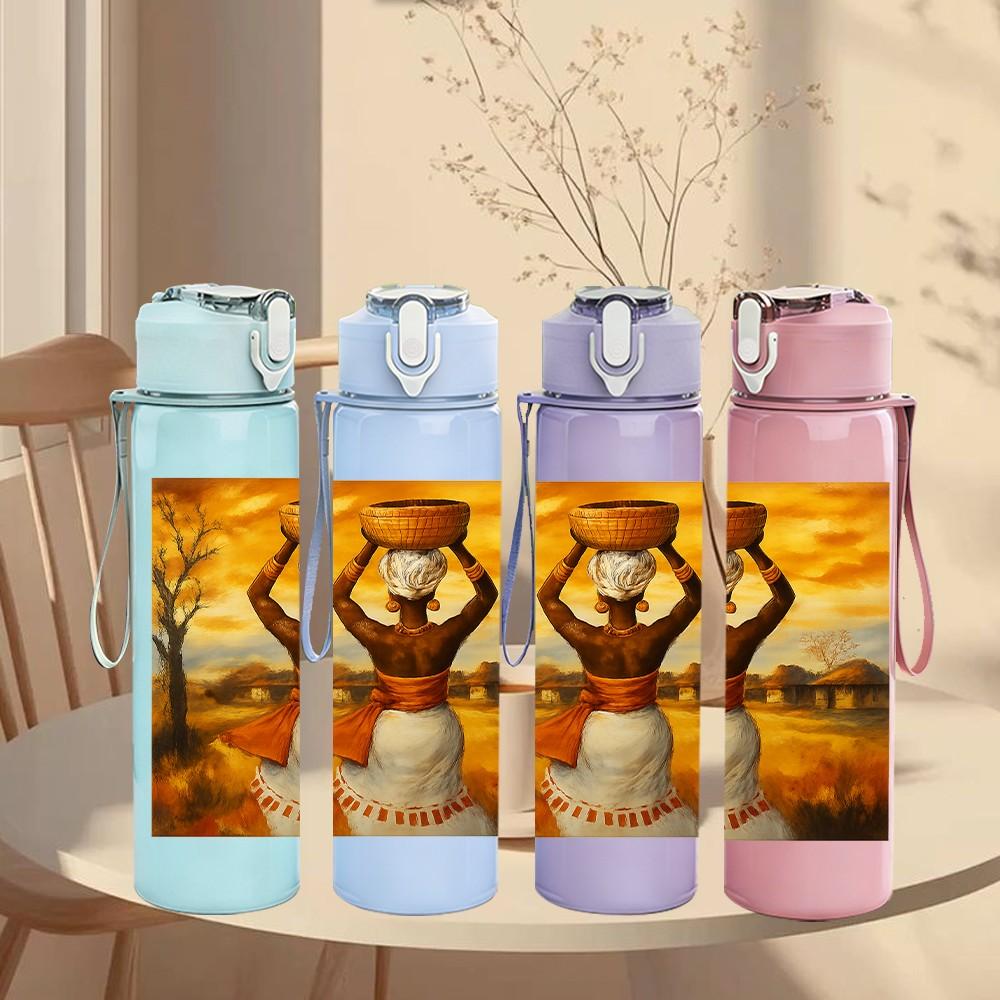1PC African Woman Vase Head Art Print 750ml Color Plastic Sports Water Bottle Leakproof Flip Straw Lid Suitable for Sports Office Home Use