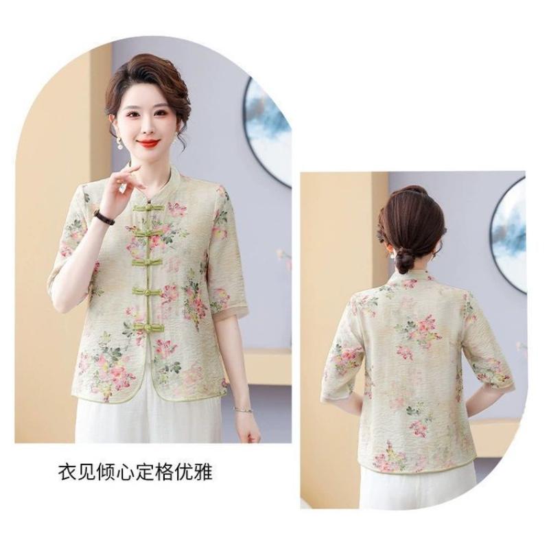 Kadın Çin Tarzı Çiçek Baskılı Bluz Kurbağa Düğmeli 3/4 Kol Günlük Üst