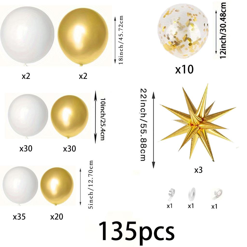 135pcs White and Gold Balloon Garland Arch Kit for Birthday Parties, Anniversaries, Weddings, Indoor and Outdoor Decorations