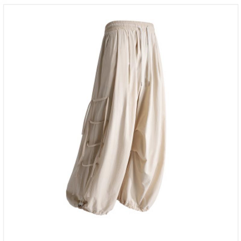 Men's Khaki Drawstring Waist Balloon Pants Casual Streetwear Baggy Cargo Pants