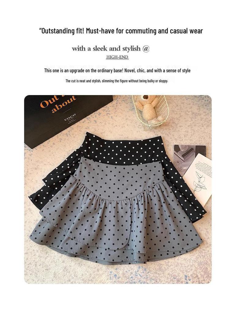 Women's Gray Polka Dot Ruffled Mini Skirt - High Waist, Fluffy, Slimming, Irregular Hem