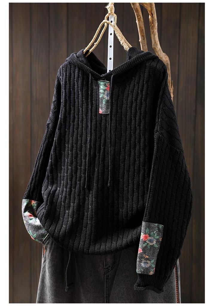 Women's Retro Ethnic Drawstring Hooded Appliqué Knit Cotton Sweater - Loose Plus Size for Spring & Autumn