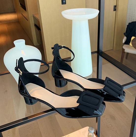 

Fashion Elegant Square Button Bow Sandals Women 2025 Traf Cover Heel Ankle Strap Shoes Ladies D orsay Med-High Heels Pumps Bride Tacones 34 чёрный