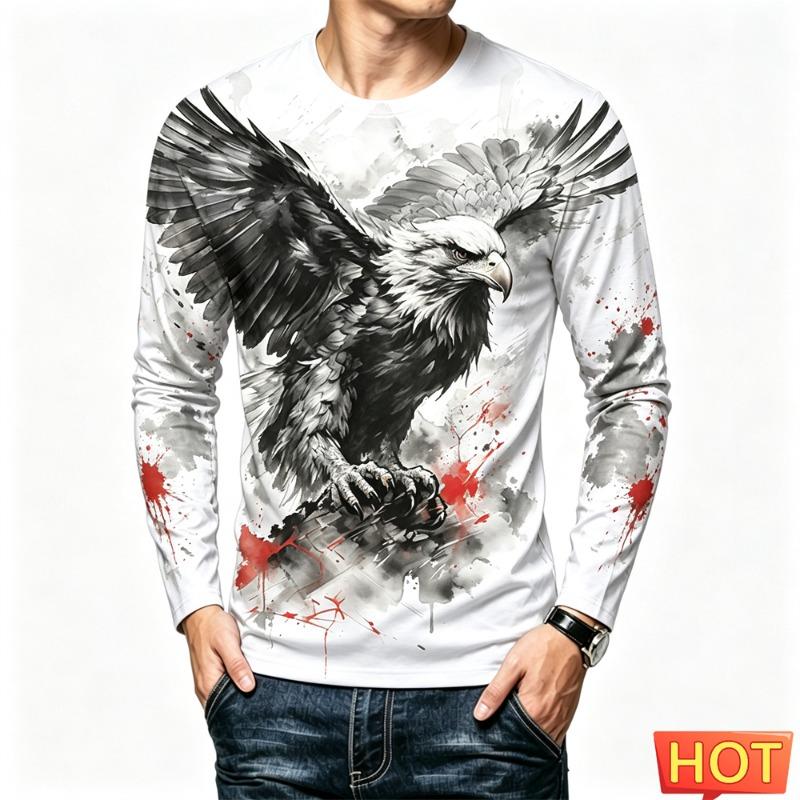 Funny 3D Eagle Print Men's T Shirts Autumn Trend Long Sleeve T-shirt Casual O-neck Loose Tops Fashion Animal Pattern y2k Clothes
