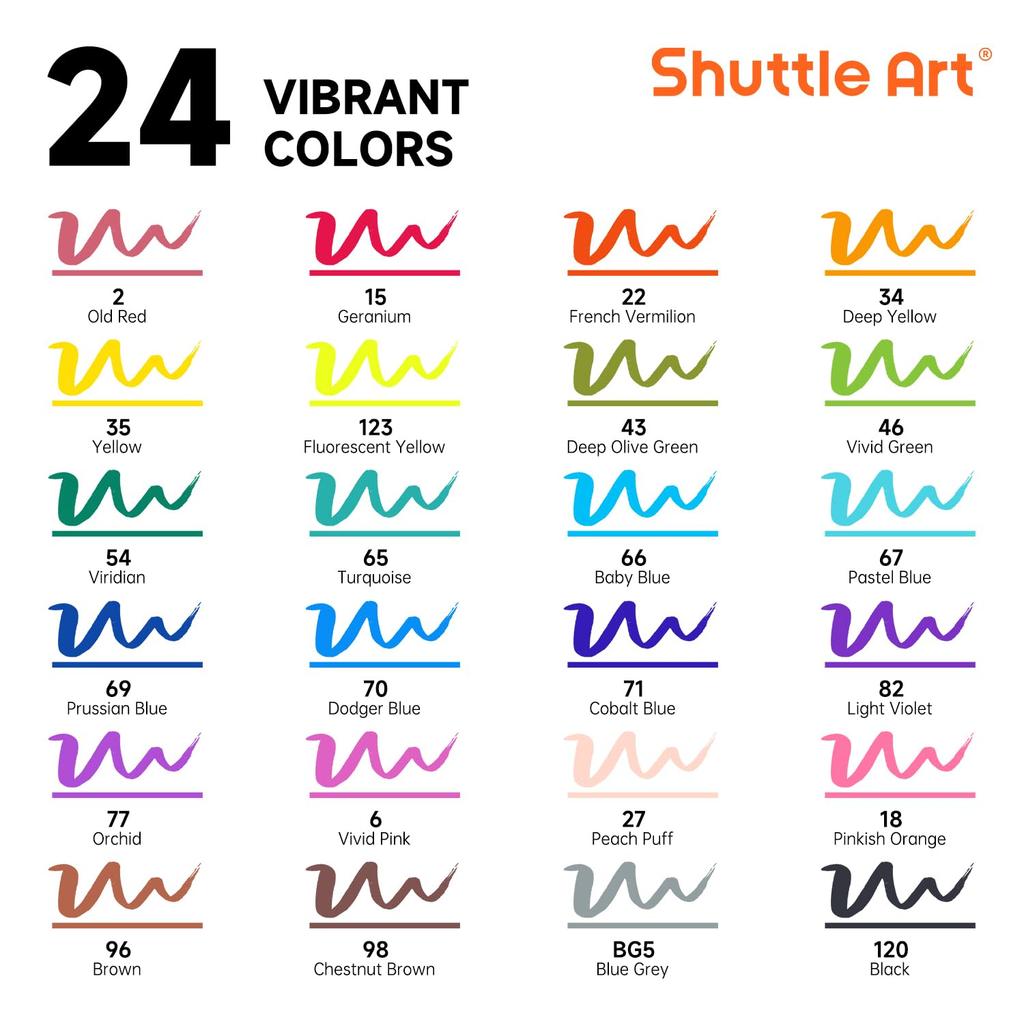 Shuttle Art Illustration Alcohol Twin Tip with Carrying Perfect for Coloring Art Adults Gift Markers, 24-Color Set, Brush-Type Markers, (Fine Tip),